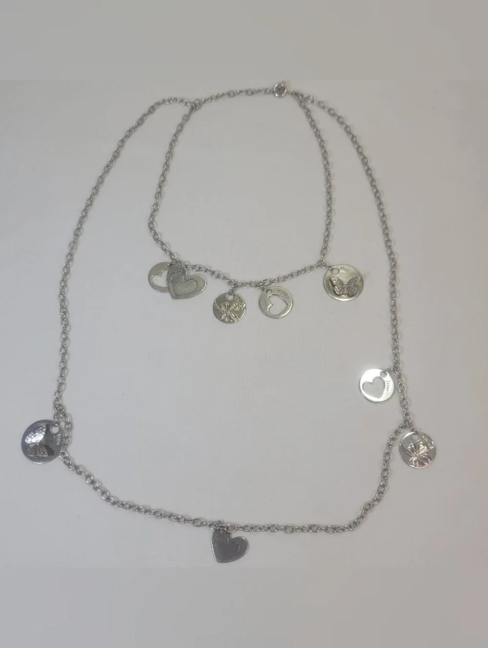 Dior Paris Butterfly & Hearts Charms Two Tiered 925 Sterling Silver Necklace
